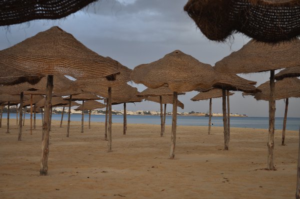 Shade on the beach in front of Riu Marhaba Palace Hammamet